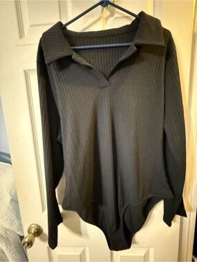 Women’s Plus 3x Ribbed  Black Long-Sleeve Polo Bodysuit - Women's Top